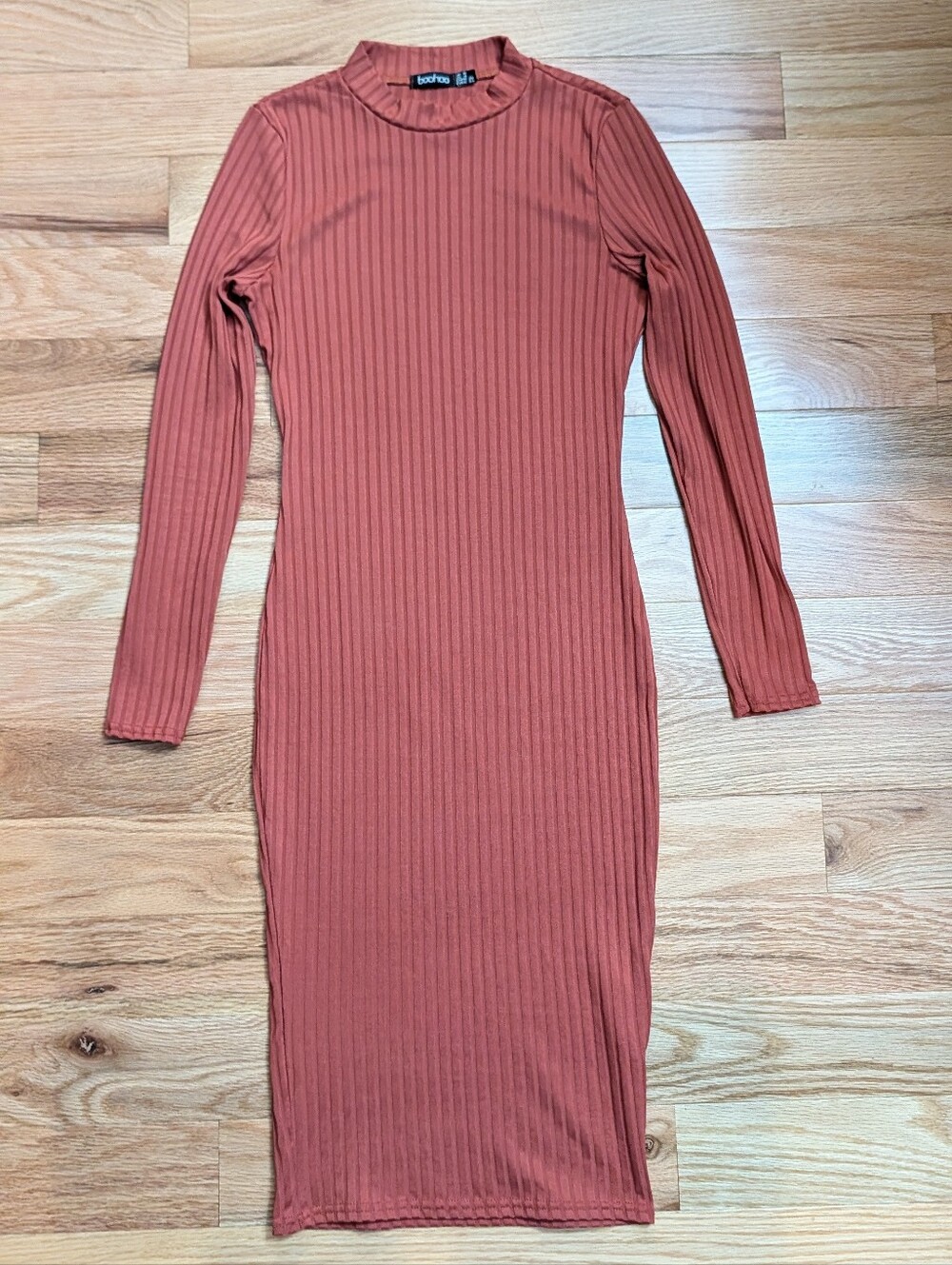 Boohoo Rust Ribbed Mock Neck Bodycon Midi Dress Long Sleeve Stretch 4 Terracotta